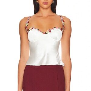 Floral Embroidered White Satin Blouse